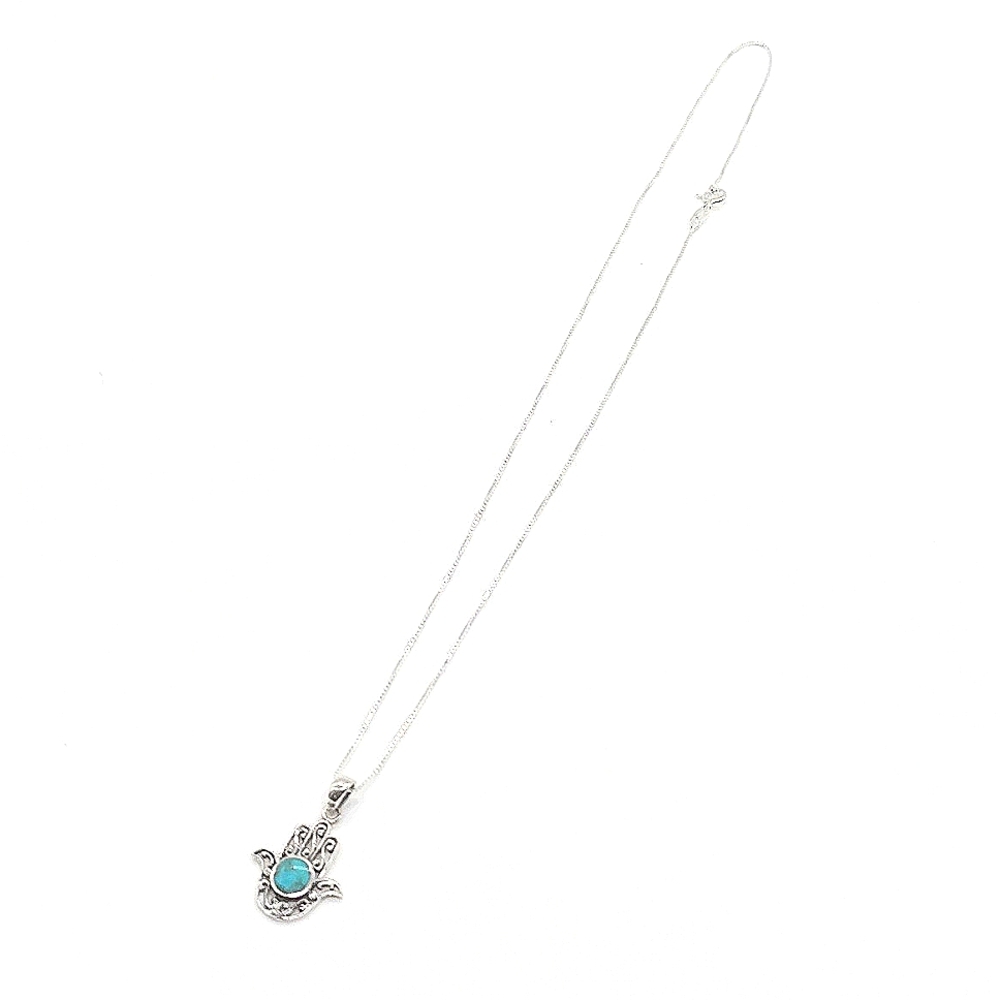 Sterling Silver Filagree Hamsa Hand Genuine Turquoise Pendant Necklace - ITALY - Picture 4 of 7